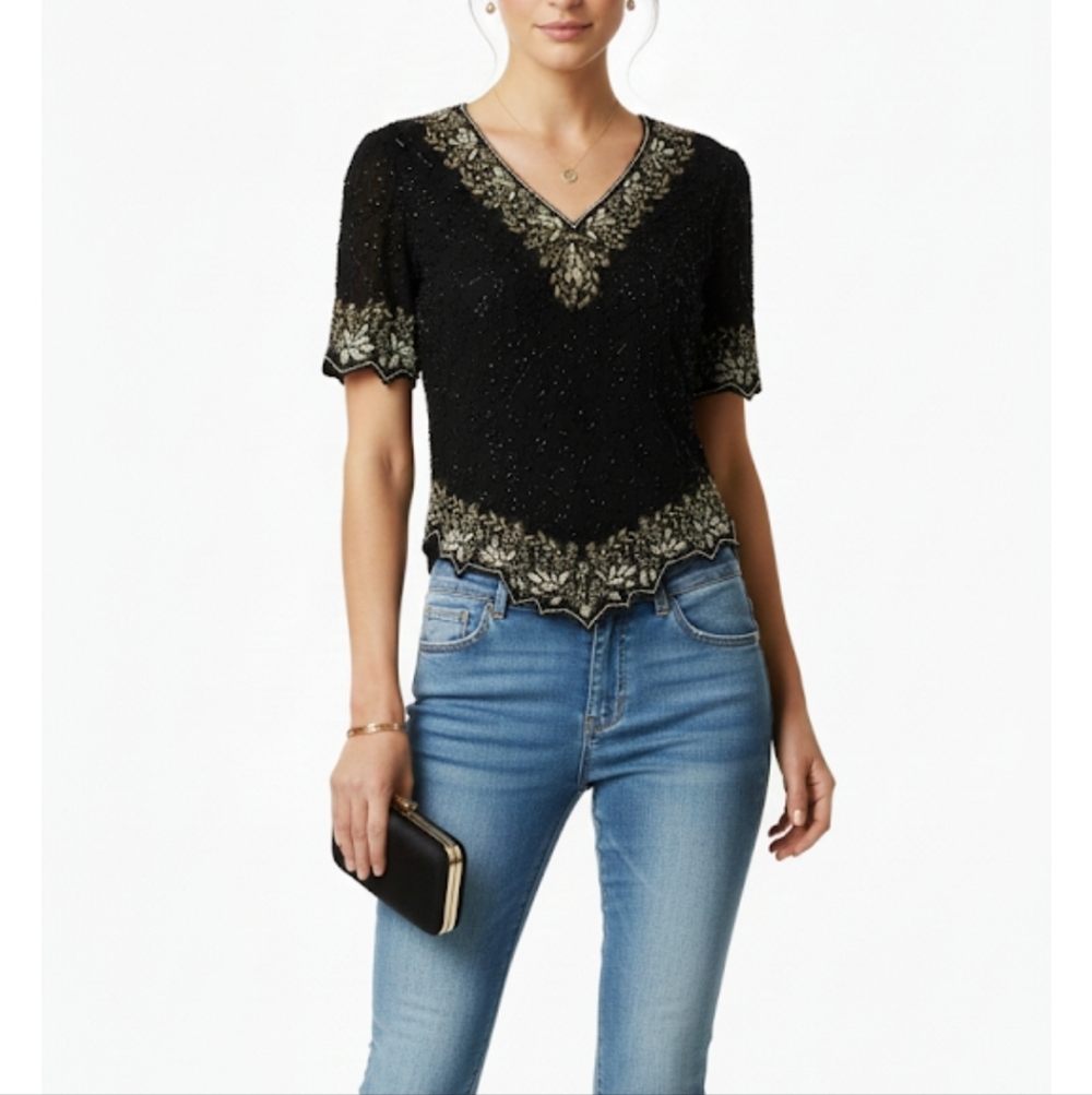 Y2k Laurence Kazar womens black beaded top size M - Picture 5 of 5
